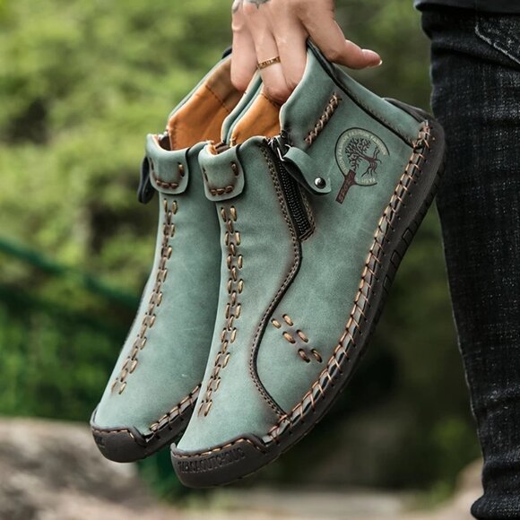 Men's US 6.5-8 Handcrafted PU Ankle Boots with Zipper - Vintage Style, Green Sti - Picture 3 of 4